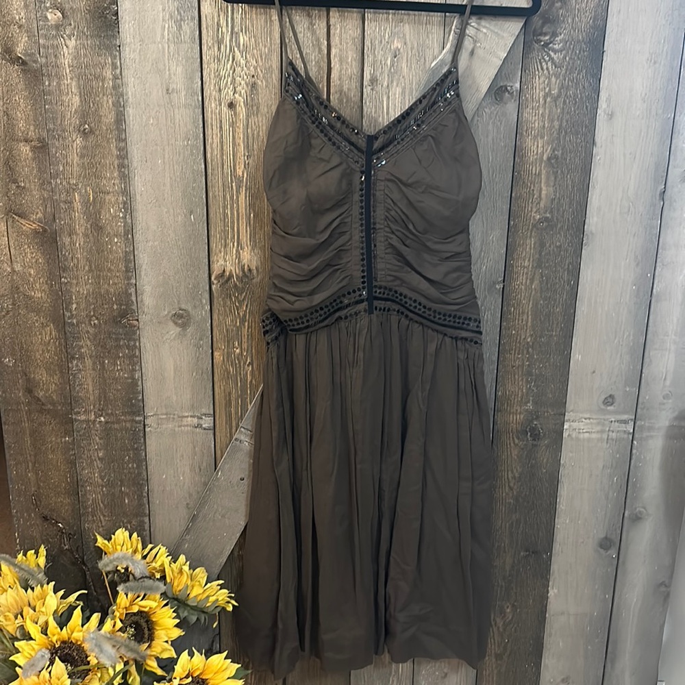 Theory Louise Deep Green Black Sequin Beaded Midi Dress